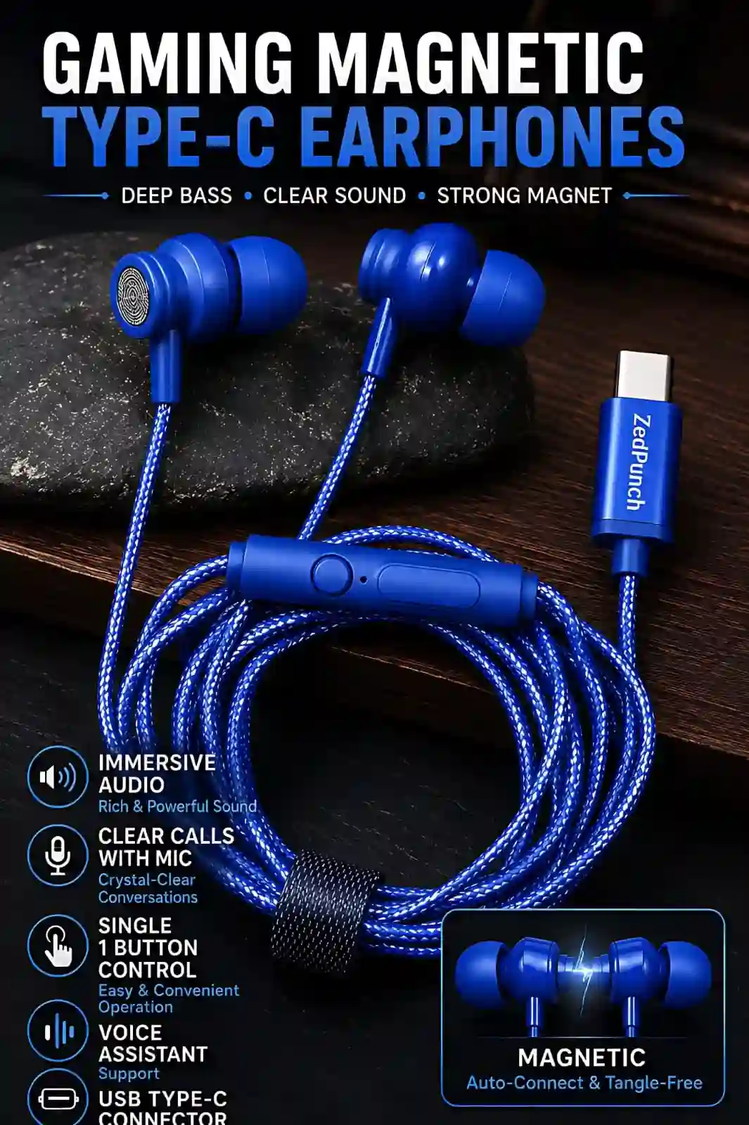 Gaming Magnetic Type-C Earphone Type-C Wired Earphone Gaming Earphone with Mic Magnetic Type-C Earphones ZedPunch Type-C Earphone Deep Bass Earphone HD Calling Earphone Gaming Wired Earbuds Type-C Headphones 10mm Bass Driver Earphone Low Latency Gaming Earphone Type-C Earphone for Android Wired Gaming Earphone with Mic Premium Type-C Earphone ZedPunch Gaming Earphone